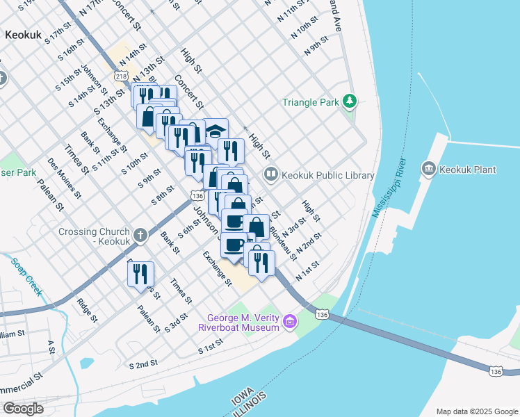 map of restaurants, bars, coffee shops, grocery stores, and more near 425 Blondeau Street in Keokuk