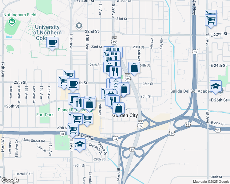 map of restaurants, bars, coffee shops, grocery stores, and more near 2520 8th Avenue in Garden City