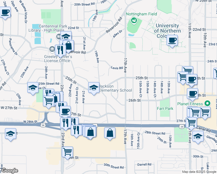 map of restaurants, bars, coffee shops, grocery stores, and more near 1804 25th Street in Greeley