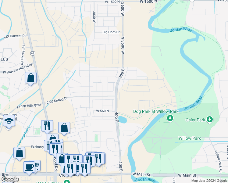 map of restaurants, bars, coffee shops, grocery stores, and more near 8895 400 East in Lehi