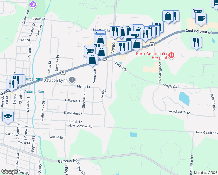 map of restaurants, bars, coffee shops, grocery stores, and more near 303 Teryl Drive in Mount Vernon