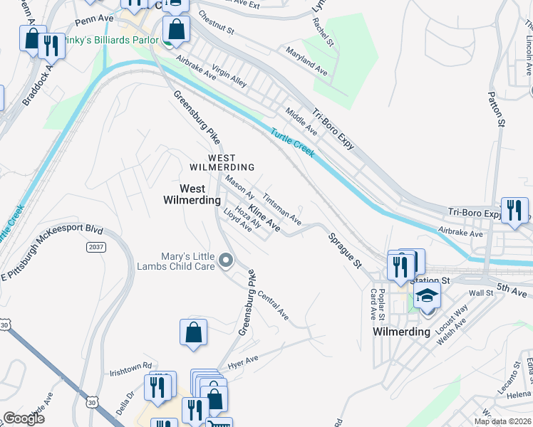 map of restaurants, bars, coffee shops, grocery stores, and more near 117 Kline Avenue in North Versailles