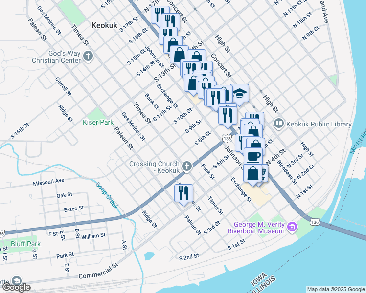map of restaurants, bars, coffee shops, grocery stores, and more near 807 Bank Street in Keokuk