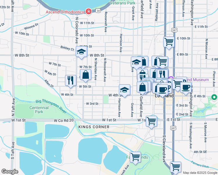 map of restaurants, bars, coffee shops, grocery stores, and more near 466 West 5th Street in Loveland