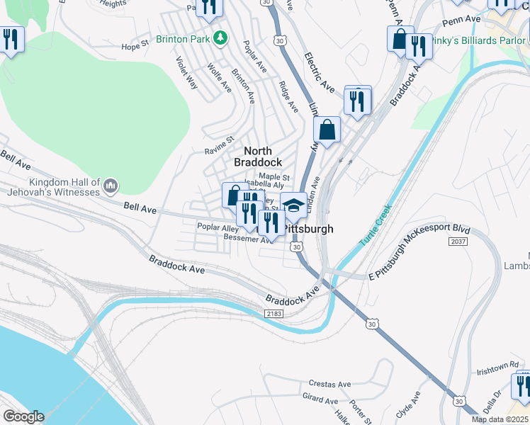 map of restaurants, bars, coffee shops, grocery stores, and more near 516 Franklin Street in East Pittsburgh