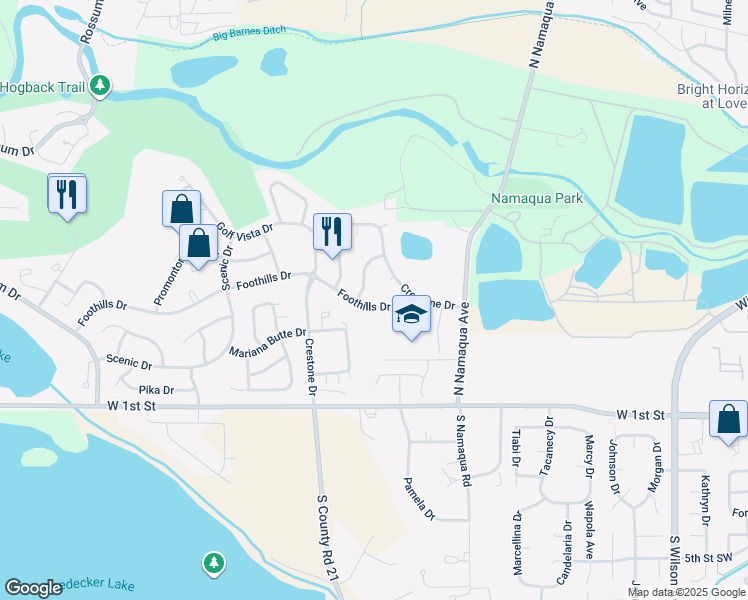map of restaurants, bars, coffee shops, grocery stores, and more near 3773 Foothills Drive in Loveland