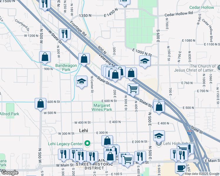 map of restaurants, bars, coffee shops, grocery stores, and more near 150 East State Street in Lehi