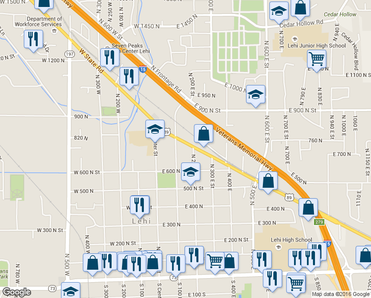 map of restaurants, bars, coffee shops, grocery stores, and more near 150 East State Street in Lehi