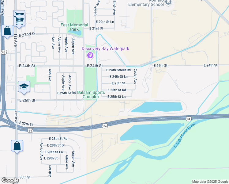 map of restaurants, bars, coffee shops, grocery stores, and more near 1008 East 25th Street Road in Greeley