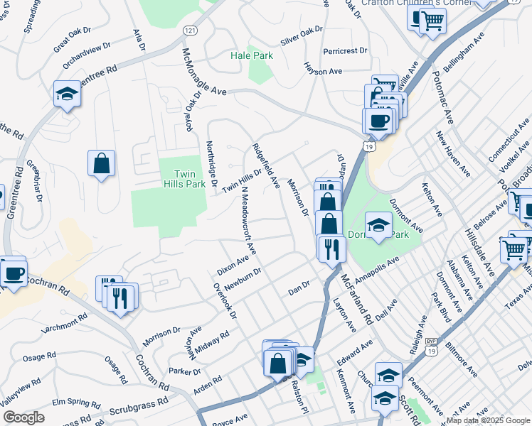 map of restaurants, bars, coffee shops, grocery stores, and more near 254 Kenforest Drive in Pittsburgh
