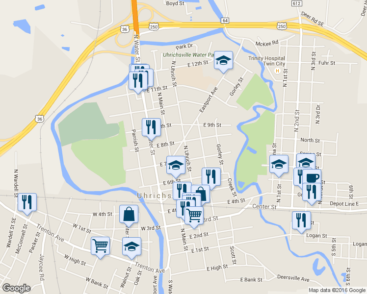 map of restaurants, bars, coffee shops, grocery stores, and more near 726 North Uhrich Street in Uhrichsville