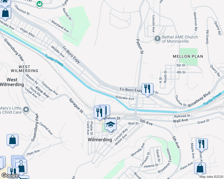 map of restaurants, bars, coffee shops, grocery stores, and more near 534 Middle Avenue in Wilmerding