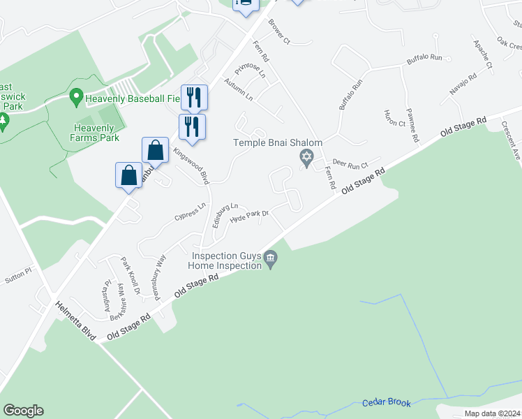 map of restaurants, bars, coffee shops, grocery stores, and more near 7 Hyde Park Drive in East Brunswick