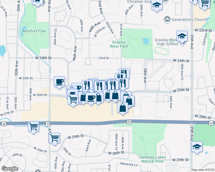 map of restaurants, bars, coffee shops, grocery stores, and more near 2450 44th Avenue in Greeley