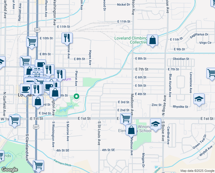 map of restaurants, bars, coffee shops, grocery stores, and more near 1088 East 5th Street in Loveland