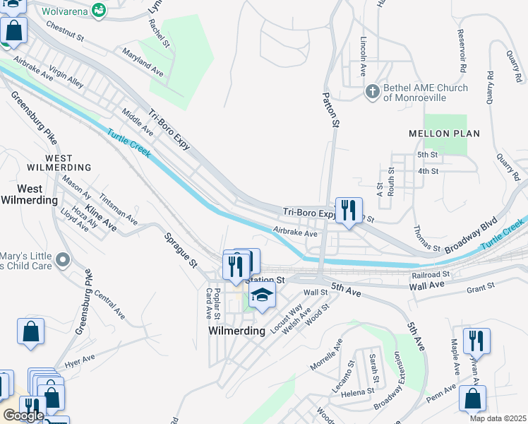 map of restaurants, bars, coffee shops, grocery stores, and more near 534 Middle Avenue in Wilmerding
