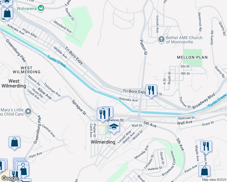 map of restaurants, bars, coffee shops, grocery stores, and more near 534 Middle Avenue in Wilmerding