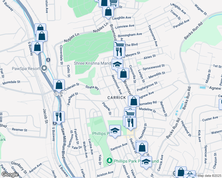 map of restaurants, bars, coffee shops, grocery stores, and more near 1802 Mount Joseph Street in Pittsburgh
