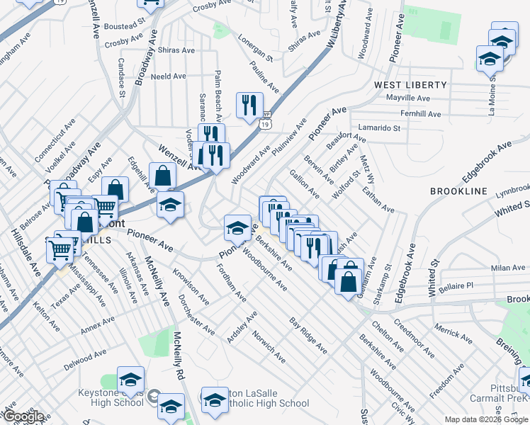 map of restaurants, bars, coffee shops, grocery stores, and more near 2544 Pioneer Avenue in Pittsburgh