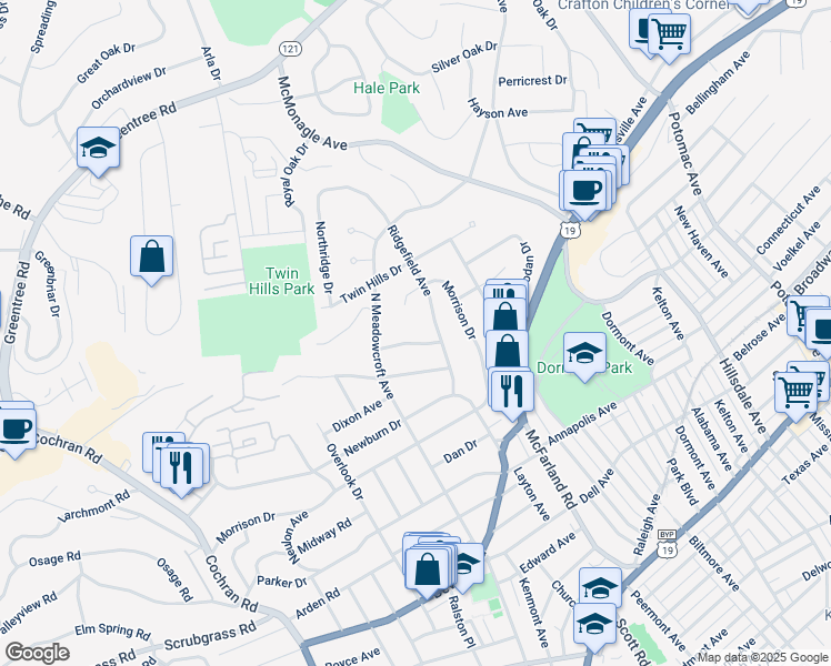 map of restaurants, bars, coffee shops, grocery stores, and more near 254 Kenforest Drive in Pittsburgh