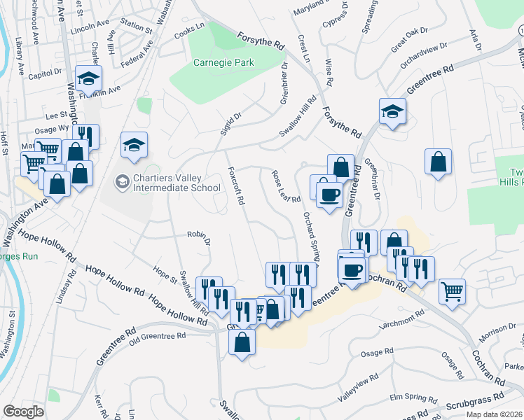 map of restaurants, bars, coffee shops, grocery stores, and more near 457 Orchard Spring Road in Pittsburgh