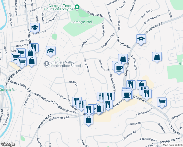 map of restaurants, bars, coffee shops, grocery stores, and more near 457 Orchard Spring Road in Pittsburgh