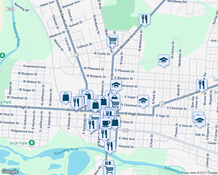 map of restaurants, bars, coffee shops, grocery stores, and more near 212 North Main Street in Mount Vernon