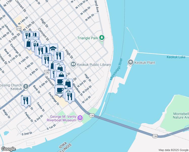 map of restaurants, bars, coffee shops, grocery stores, and more near 224 Morgan Street in Keokuk