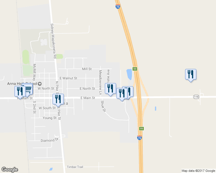 map of restaurants, bars, coffee shops, grocery stores, and more near 399 Christie Avenue in Anna
