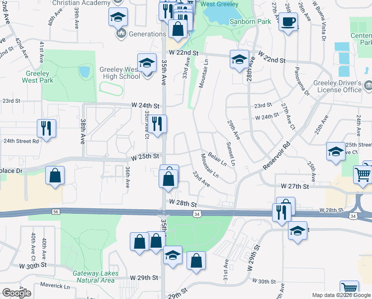 map of restaurants, bars, coffee shops, grocery stores, and more near 2425 33rd Avenue in Greeley