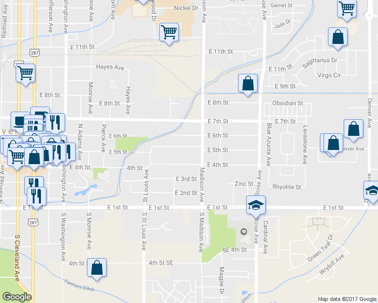 map of restaurants, bars, coffee shops, grocery stores, and more near 1232 East 5th Street in Loveland