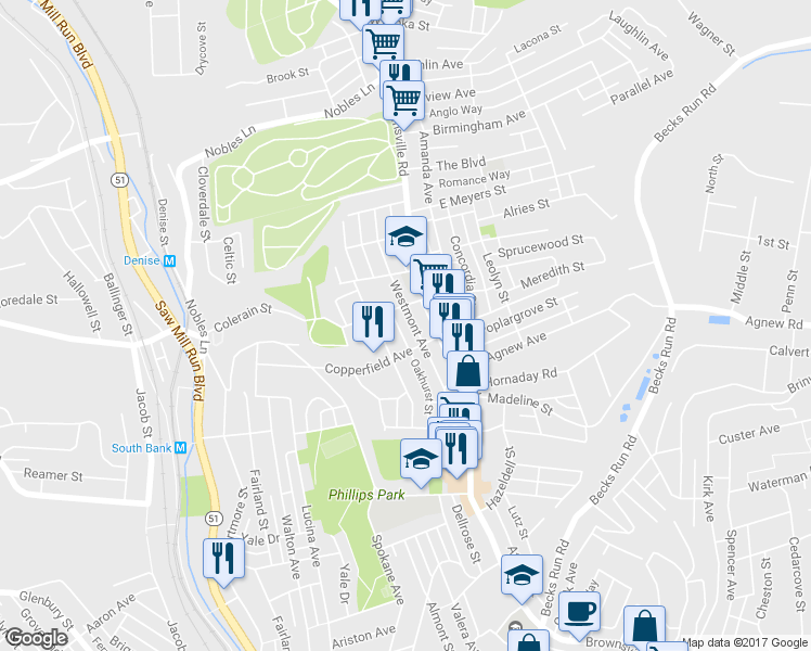 map of restaurants, bars, coffee shops, grocery stores, and more near 1812 Westmont Ave in Pittsburgh