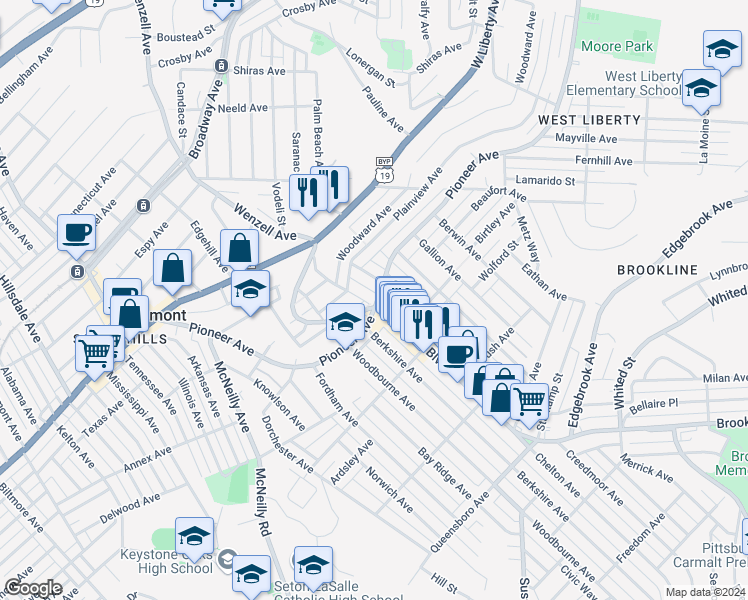 map of restaurants, bars, coffee shops, grocery stores, and more near 2544 Pioneer Avenue in Pittsburgh