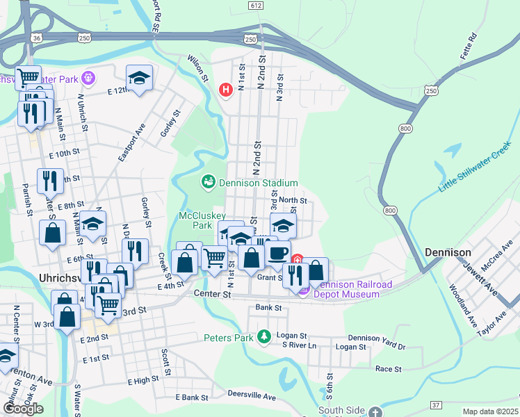 map of restaurants, bars, coffee shops, grocery stores, and more near 412 North 2nd Street in Dennison