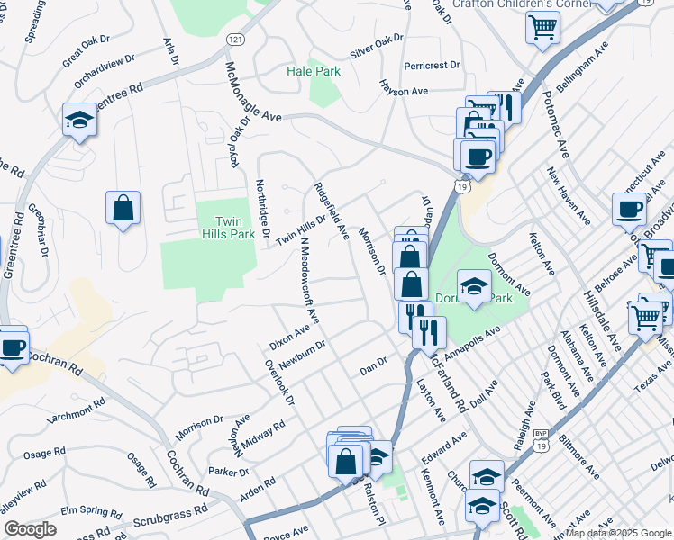 map of restaurants, bars, coffee shops, grocery stores, and more near 254 Kenforest Drive in Pittsburgh