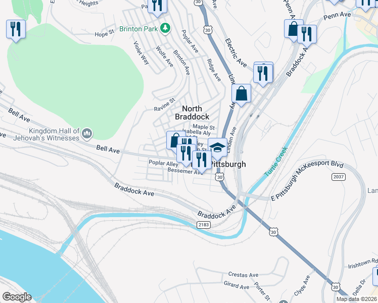map of restaurants, bars, coffee shops, grocery stores, and more near 516 Franklin Street in East Pittsburgh