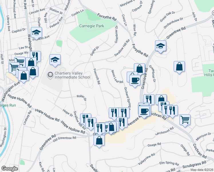 map of restaurants, bars, coffee shops, grocery stores, and more near 457 Orchard Spring Road in Pittsburgh