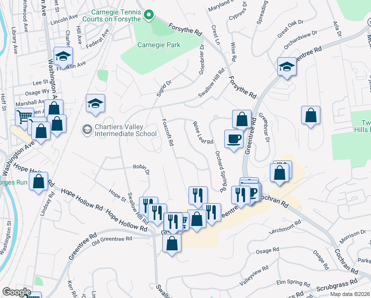 map of restaurants, bars, coffee shops, grocery stores, and more near 457 Orchard Spring Rd in Pittsburgh