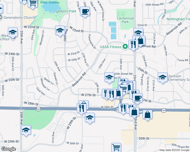 map of restaurants, bars, coffee shops, grocery stores, and more near 2500 25th Street Road in Greeley