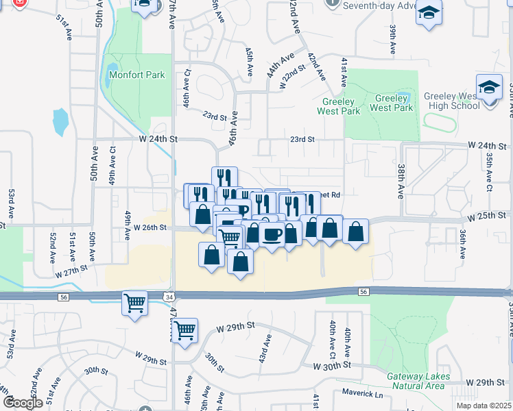 map of restaurants, bars, coffee shops, grocery stores, and more near 4430 24th Street Road in Greeley