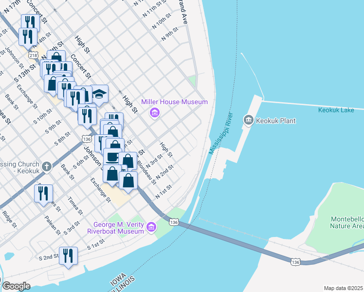 map of restaurants, bars, coffee shops, grocery stores, and more near 224 Morgan Street in Keokuk