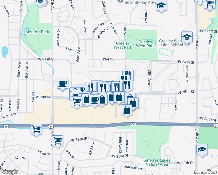 map of restaurants, bars, coffee shops, grocery stores, and more near 2450 44th Avenue in Greeley