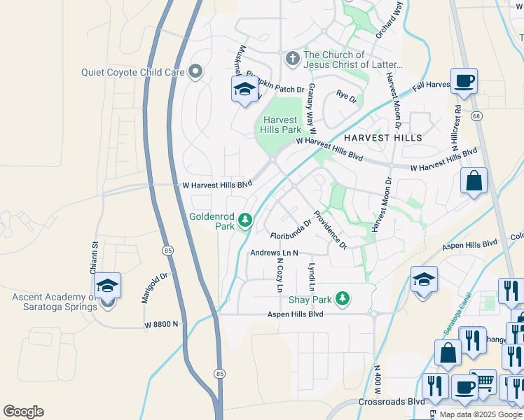 map of restaurants, bars, coffee shops, grocery stores, and more near 1887 Bountiful Way in Saratoga Springs