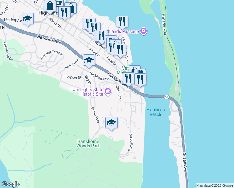 map of restaurants, bars, coffee shops, grocery stores, and more near 15 Ocean Street in Highlands