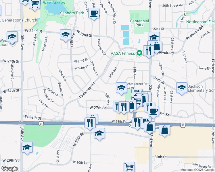 map of restaurants, bars, coffee shops, grocery stores, and more near 2500 25th Street Road in Greeley