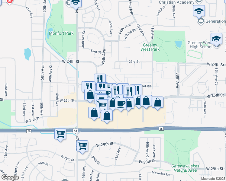 map of restaurants, bars, coffee shops, grocery stores, and more near 4430 24th Street Road in Greeley