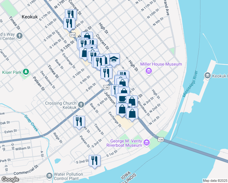 map of restaurants, bars, coffee shops, grocery stores, and more near 600 Main Street in Keokuk