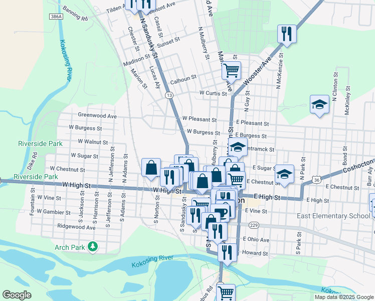 map of restaurants, bars, coffee shops, grocery stores, and more near 267 North Sandusky Street in Mount Vernon