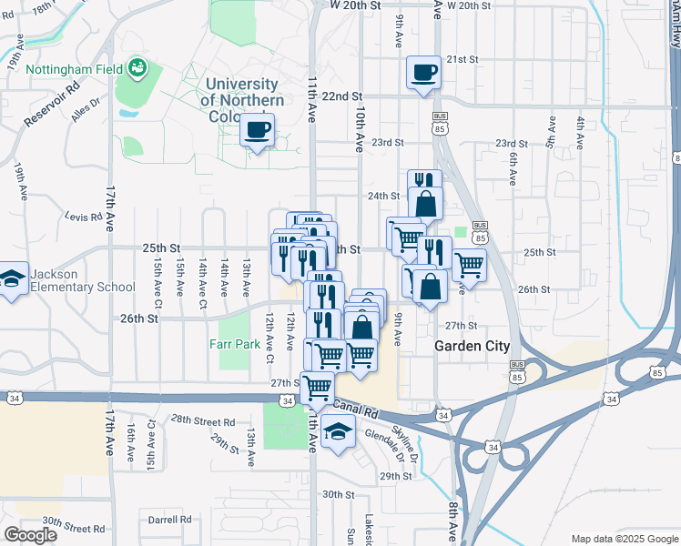map of restaurants, bars, coffee shops, grocery stores, and more near 2522 10th Avenue Court in Greeley