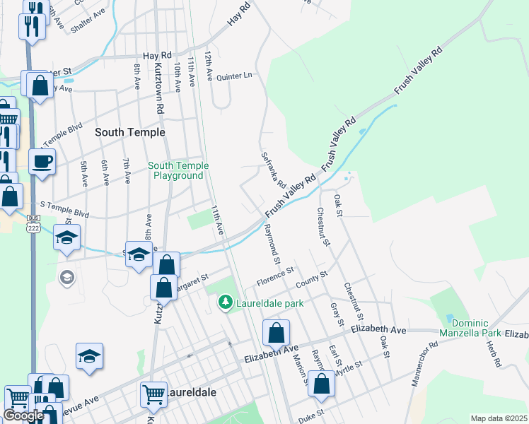 map of restaurants, bars, coffee shops, grocery stores, and more near 1601 Frush Valley Road in Laureldale